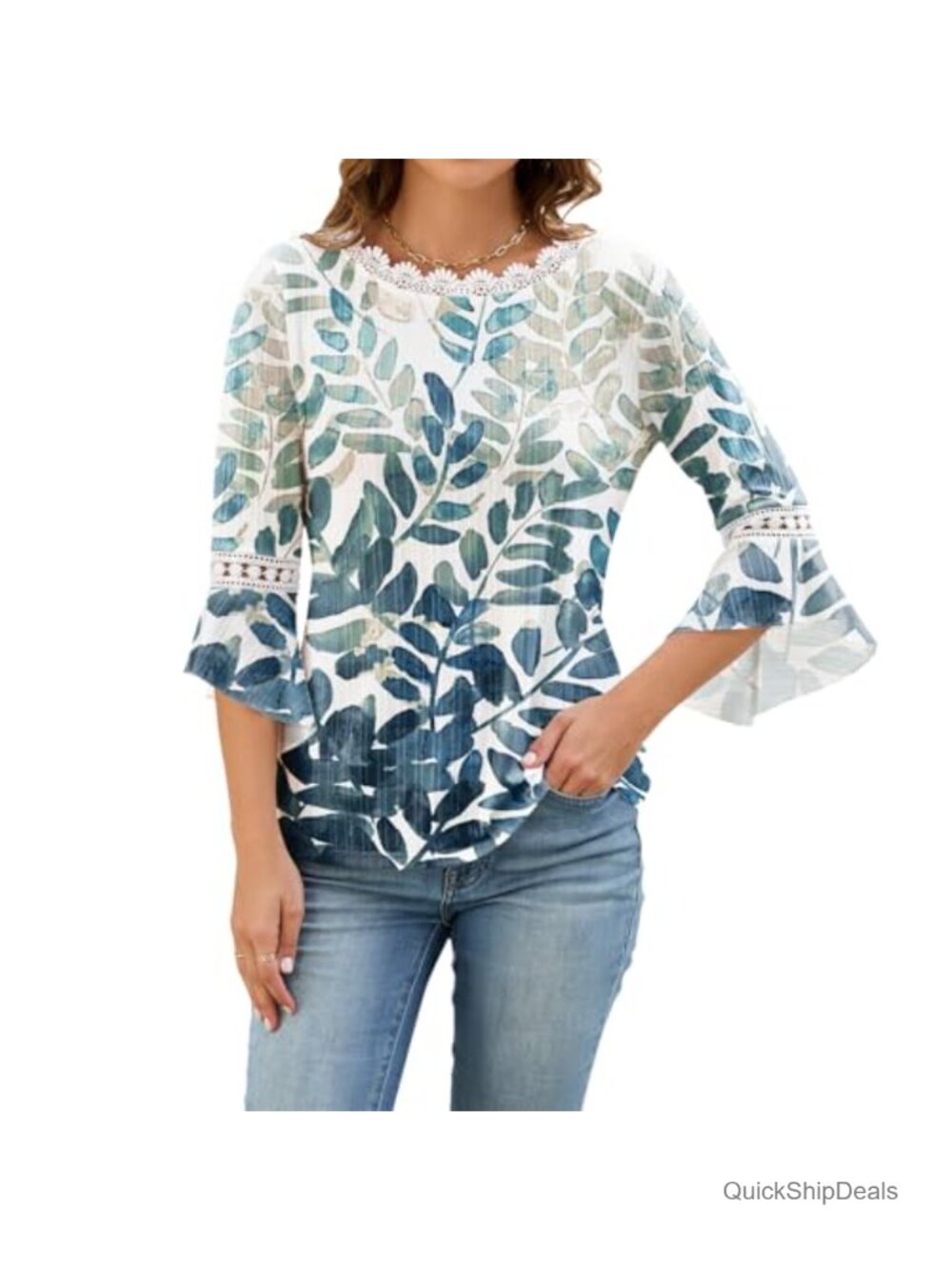Women's 3/4 Sleeve Floral Bell Sleeve Tunic Blouse